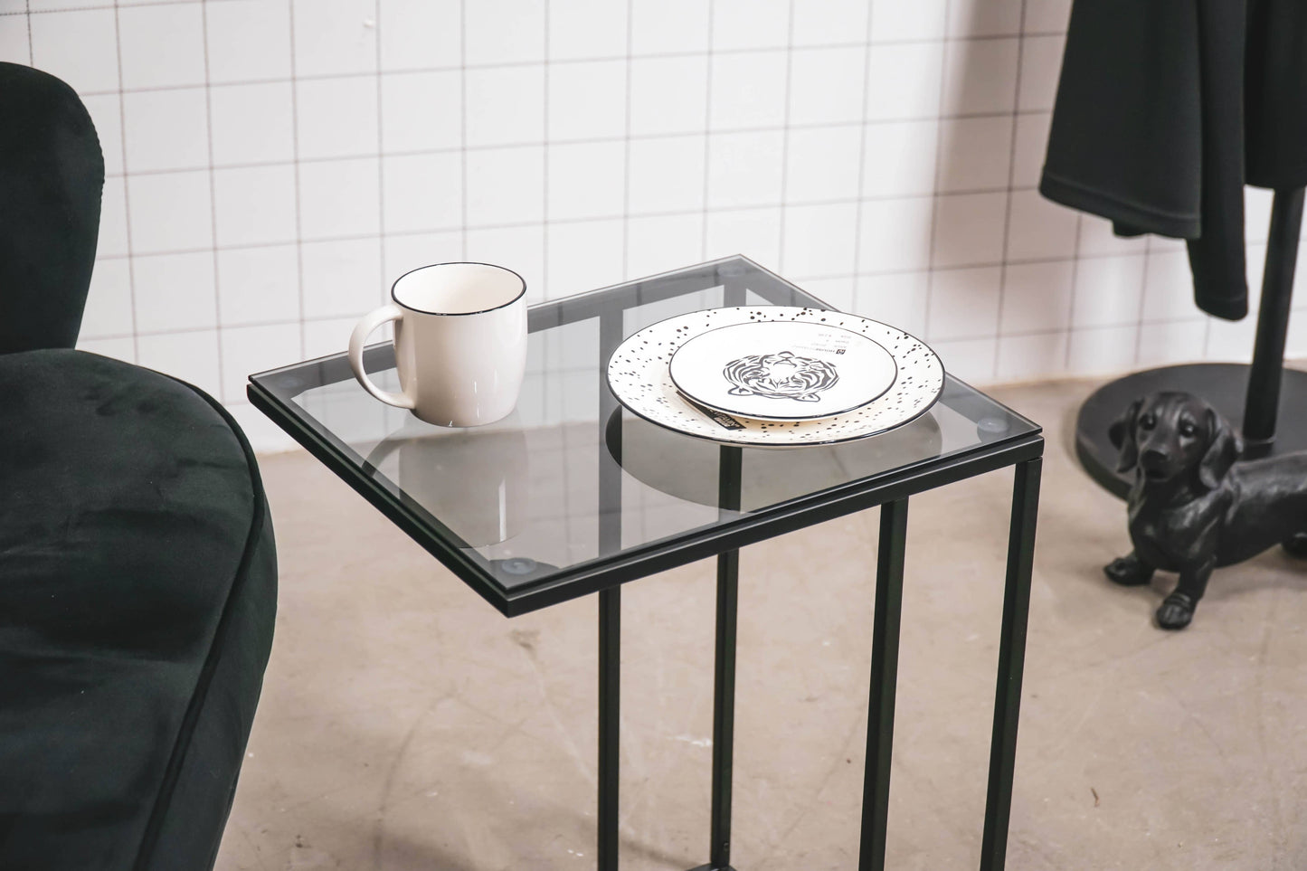 Sofa side table, metal/glass 40x35x51cm