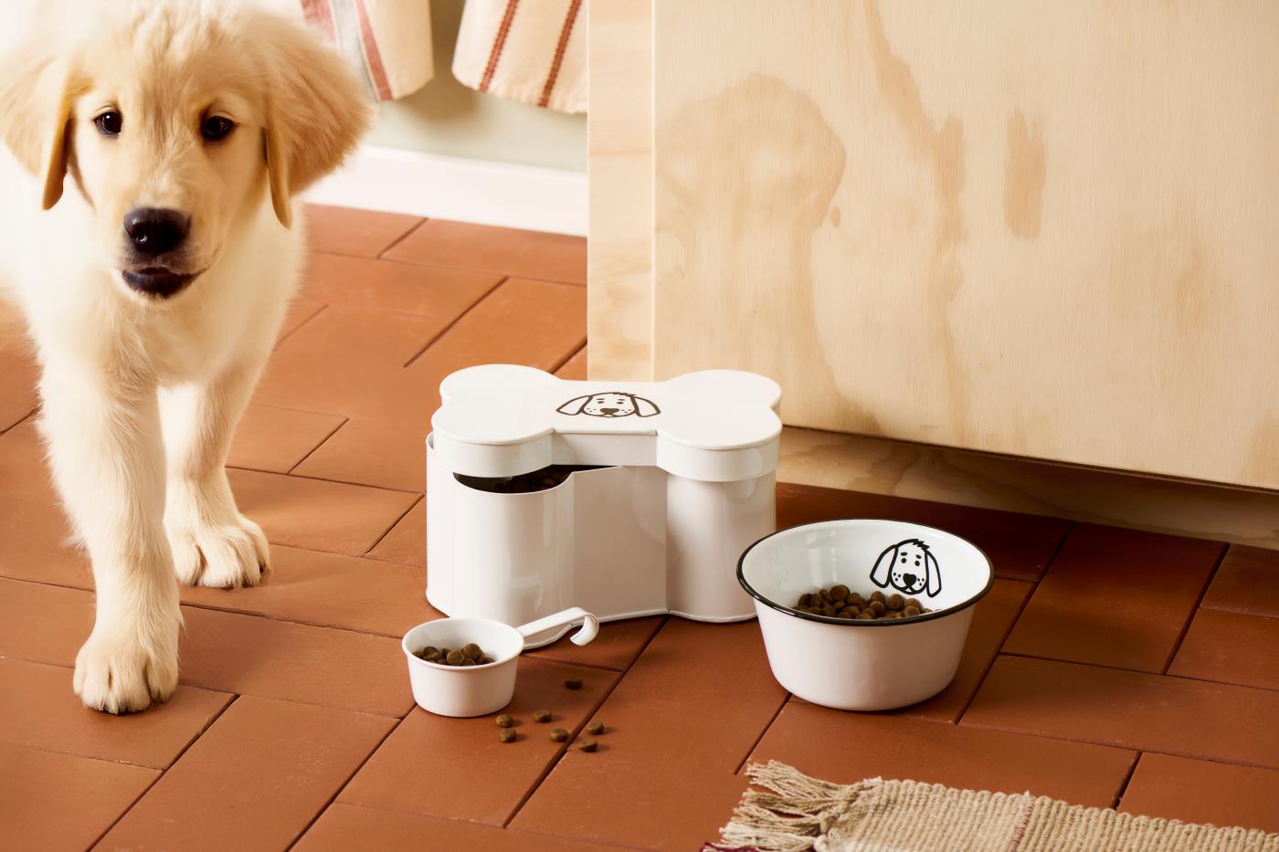 Luunmuotoinen säilytyspurkki, koira-aiheinen, mittakupilla