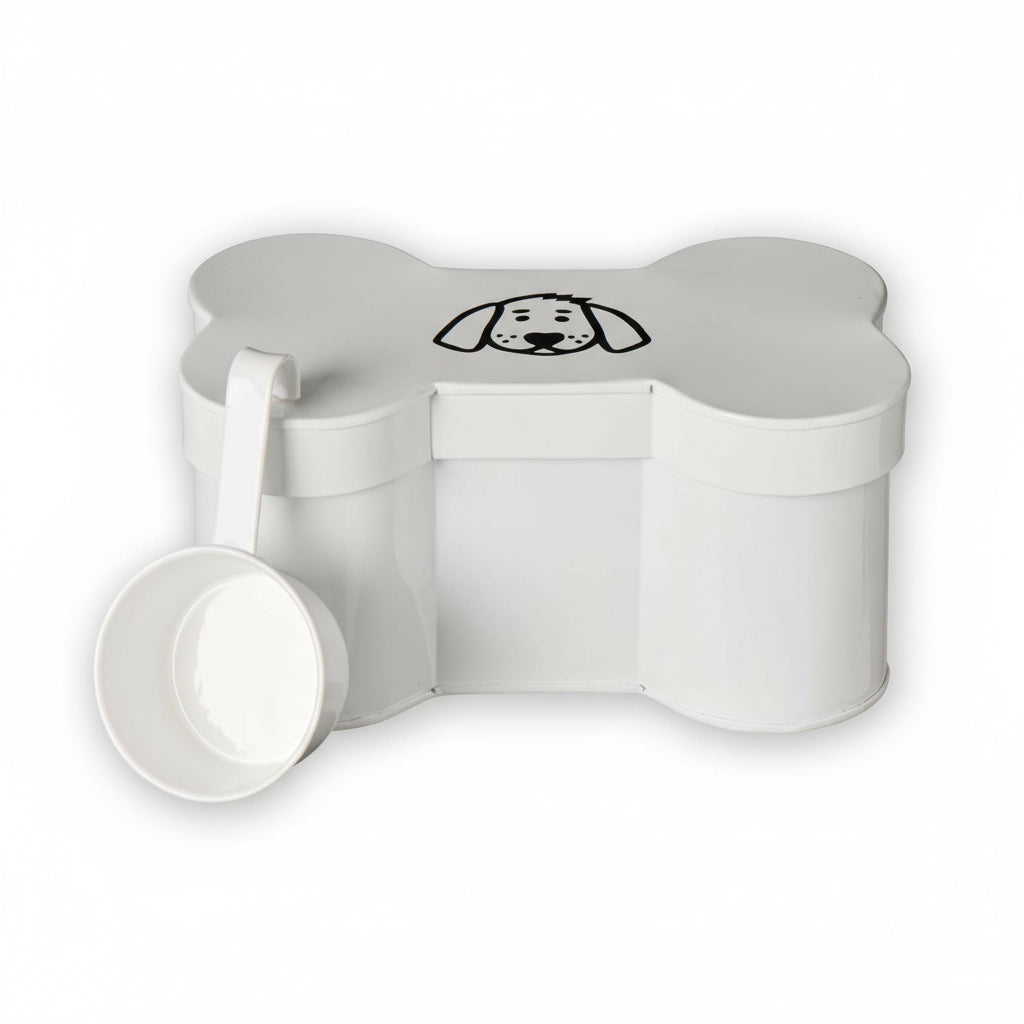 Luunmuotoinen säilytyspurkki, koira-aiheinen, mittakupilla