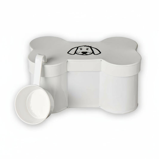 Luunmuotoinen säilytyspurkki, koira-aiheinen, mittakupilla