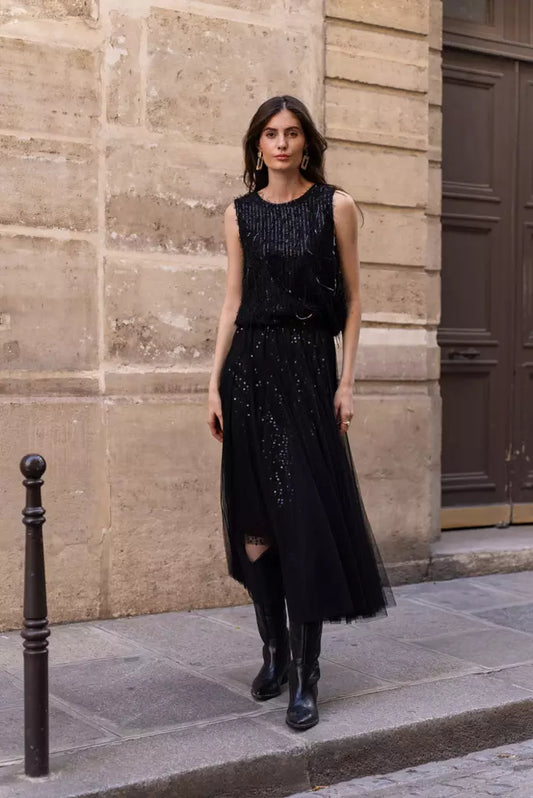 Tulle skirt with sequins Black